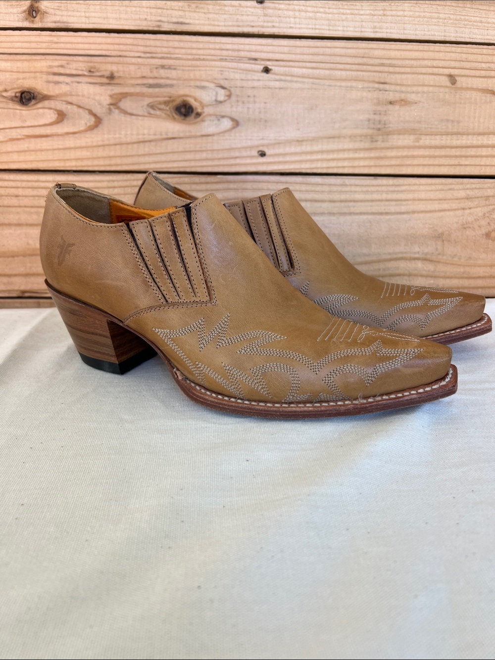 Frye Tan Leather Western Slip-On Ankle Booties with Embroidery